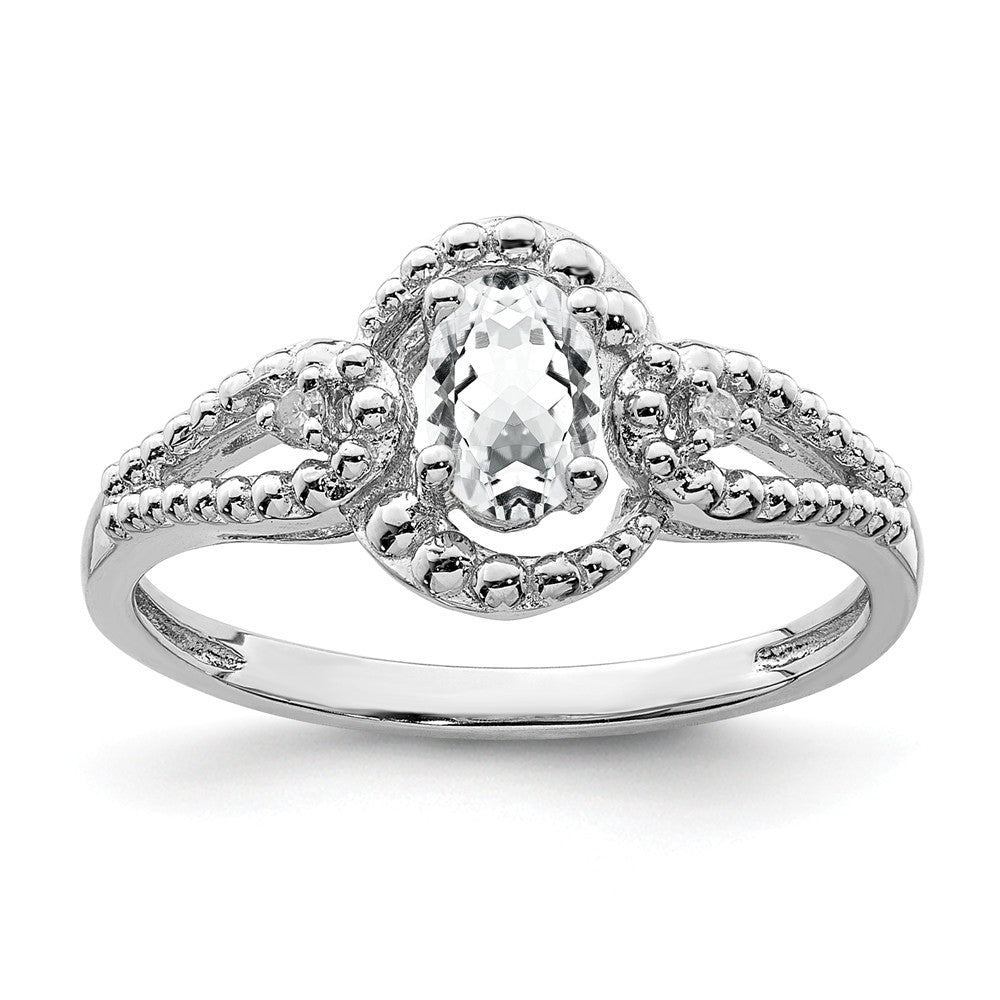 925 Sterling Silver Rhodium-plated White Topaz & Diamond Ring, Size: 7