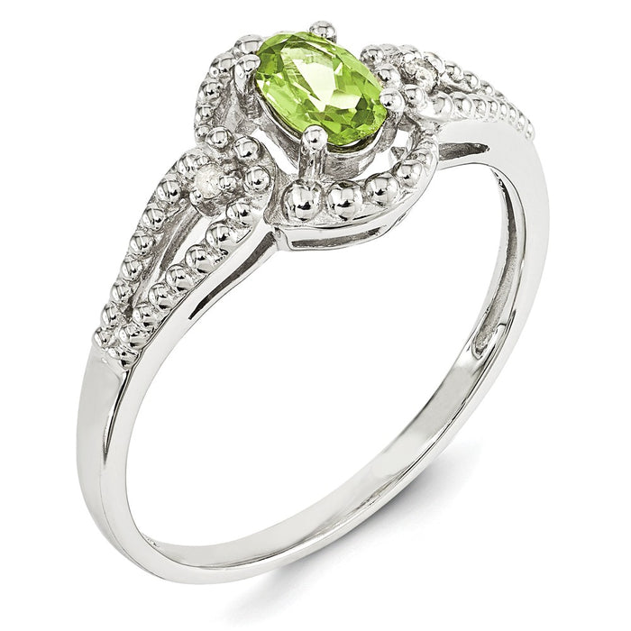 925 Sterling Silver Rhodium-plated Peridot & Diamond Ring, Size: 6