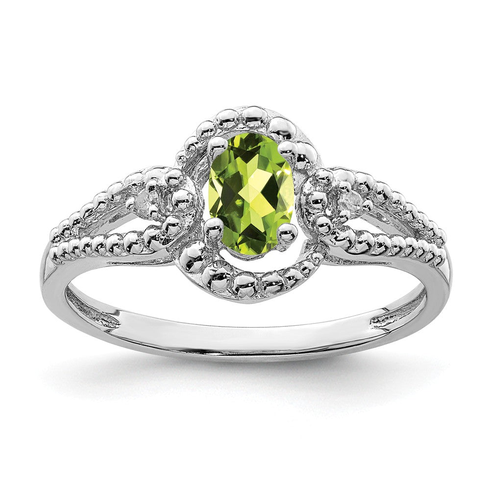 925 Sterling Silver Rhodium-plated Peridot & Diamond Ring, Size: 6