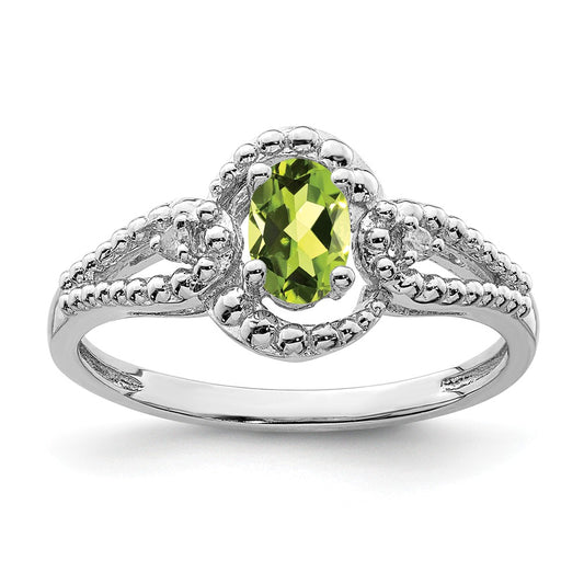 925 Sterling Silver Rhodium-plated Peridot & Diamond Ring, Size: 9