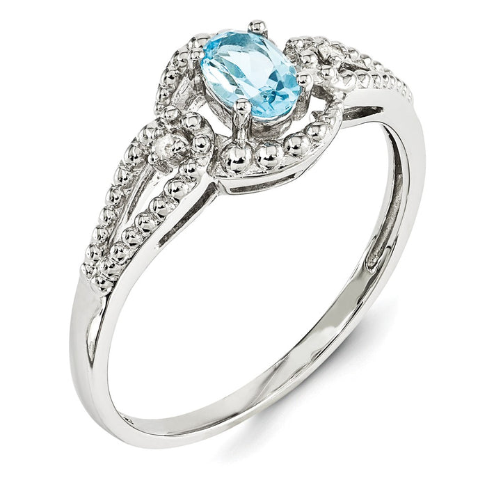 925 Sterling Silver Rhodium-plated Light Swiss Blue Topaz & Diamond Ring, Size: 6