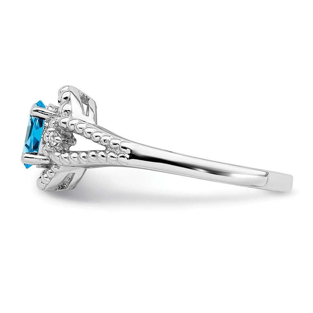 925 Sterling Silver Rhodium-plated Light Swiss Blue Topaz & Diamond Ring, Size: 9