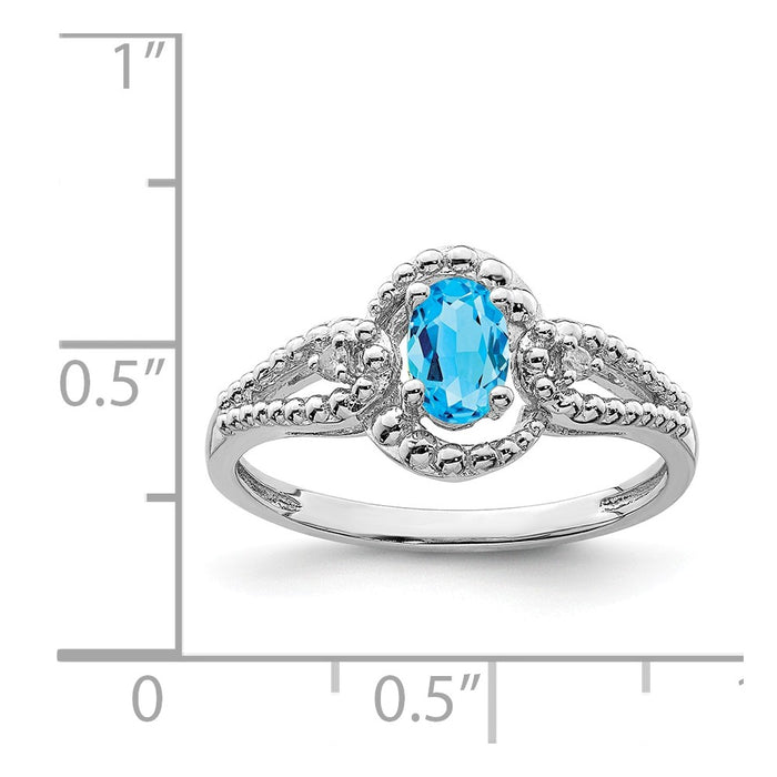 925 Sterling Silver Rhodium-plated Light Swiss Blue Topaz & Diamond Ring, Size: 6