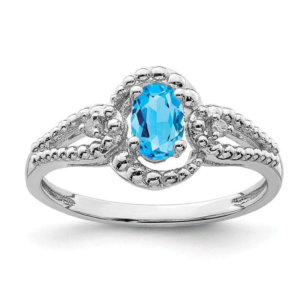 925 Sterling Silver Rhodium-plated Light Swiss Blue Topaz & Diamond Ring, Size: 10