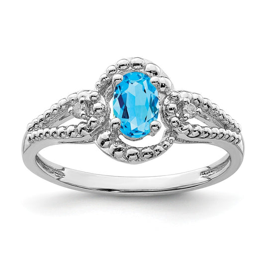 925 Sterling Silver Rhodium-plated Light Swiss Blue Topaz & Diamond Ring, Size: 10