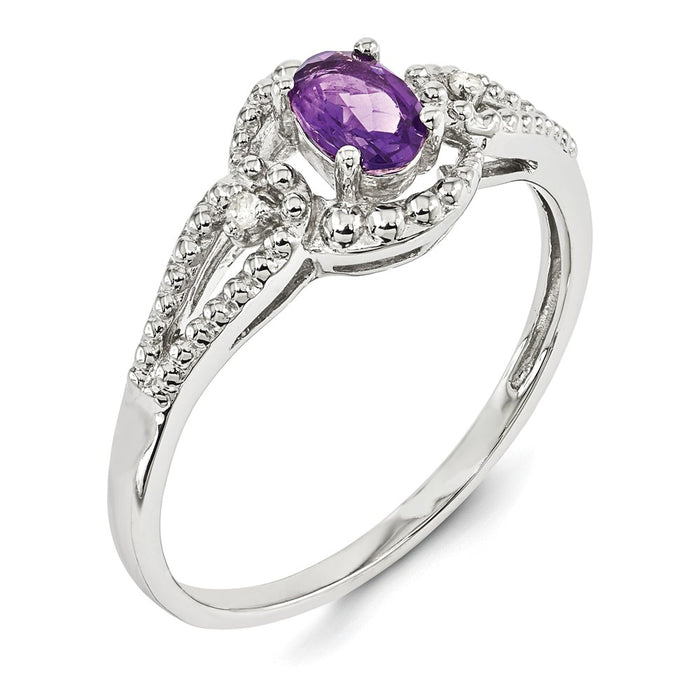 925 Sterling Silver Rhodium-plated Amethyst & Diamond Ring, Size: 6