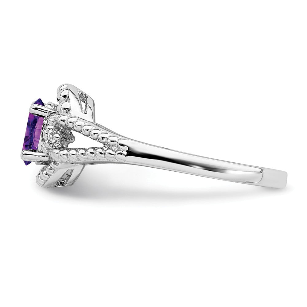 925 Sterling Silver Rhodium-plated Amethyst & Diamond Ring, Size: 7