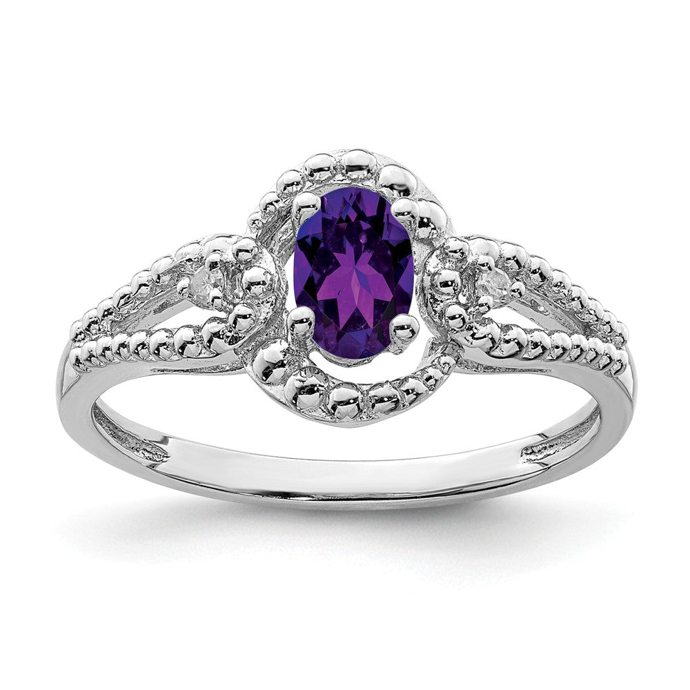 925 Sterling Silver Rhodium-plated Amethyst & Diamond Ring, Size: 10