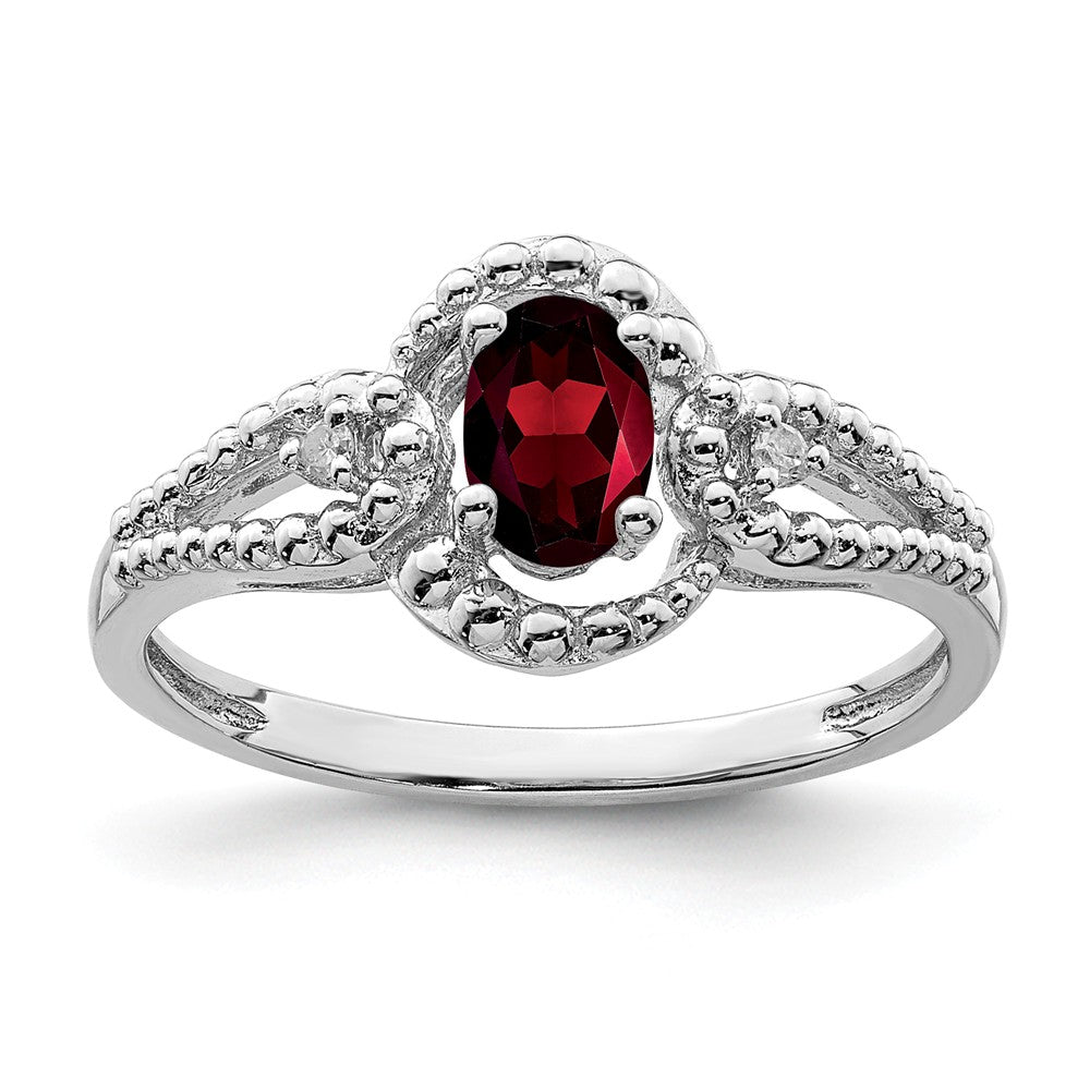 925 Sterling Silver Rhodium-plated Garnet & Diamond Ring, Size: 8