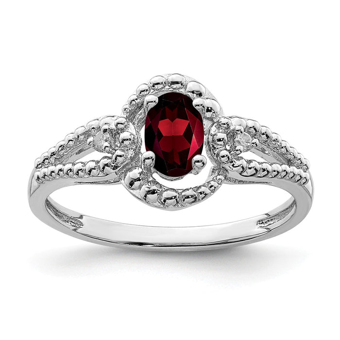 925 Sterling Silver Rhodium-plated Garnet & Diamond Ring, Size: 6