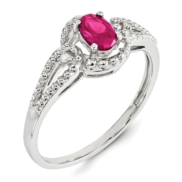 925 Sterling Silver Rhodium-plated Created Ruby & Diamond Ring, Size: 8