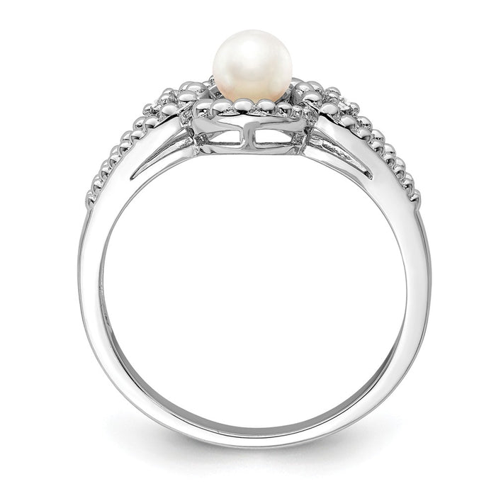 925 Sterling Silver Rhodium-plated Freshwater Cultured Pearl & Diamond Ring, Size: 9