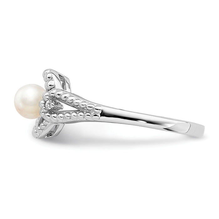 925 Sterling Silver Rhodium-plated Freshwater Cultured Pearl & Diamond Ring, Size: 10