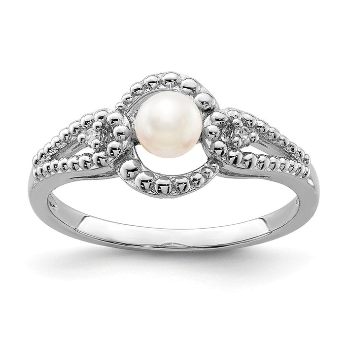 925 Sterling Silver Rhodium-plated Freshwater Cultured Pearl & Diamond Ring, Size: 9