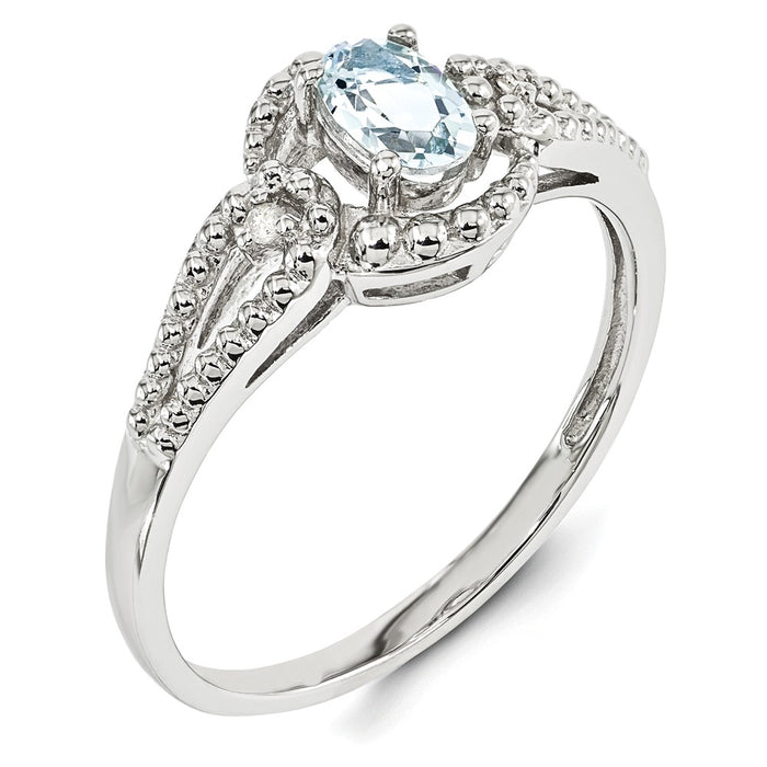 925 Sterling Silver Rhodium-plated Aquamarine & Diamond Ring, Size: 7