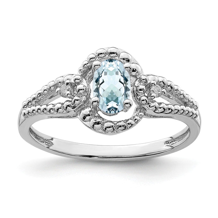 925 Sterling Silver Rhodium-plated Aquamarine & Diamond Ring, Size: 9