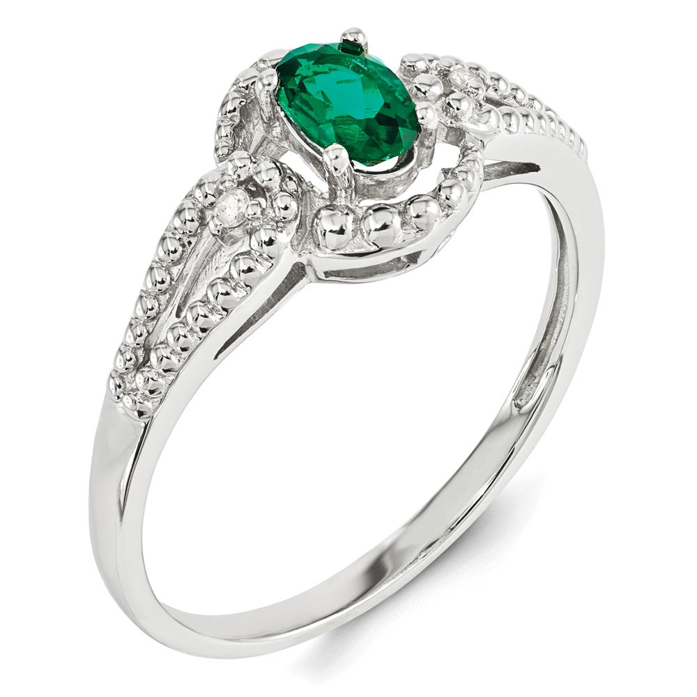 925 Sterling Silver Rhodium-plated Created Emerald & Diamond Ring, Size: 5