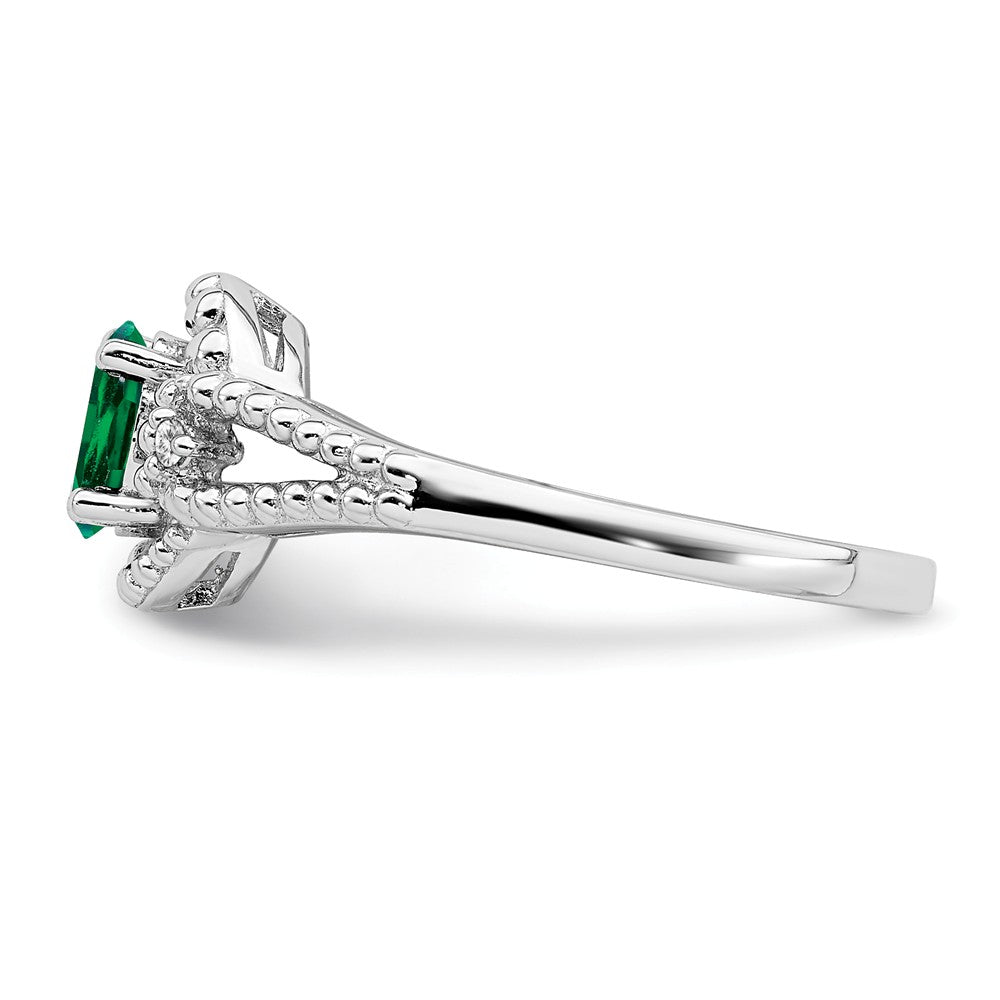 925 Sterling Silver Rhodium-plated Created Emerald & Diamond Ring, Size: 7