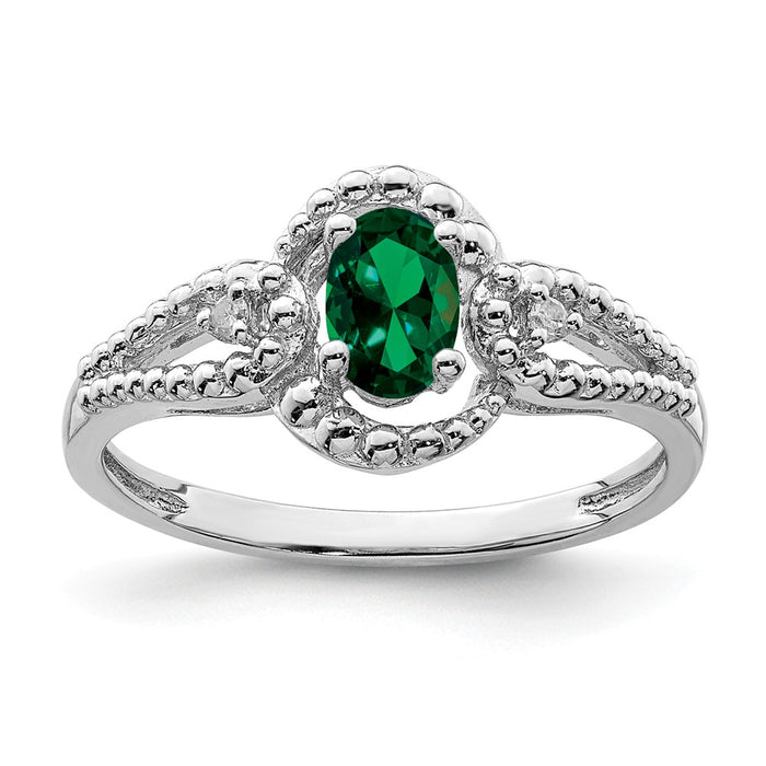 925 Sterling Silver Rhodium-plated Created Emerald & Diamond Ring, Size: 10