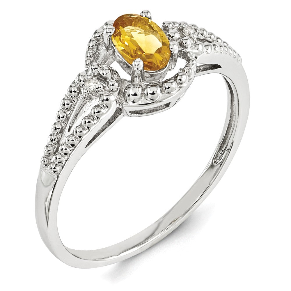 925 Sterling Silver Rhodium-plated Citrine & Diamond Ring, Size: 7