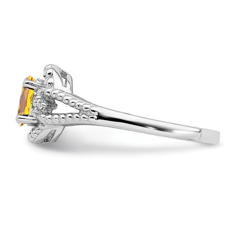 925 Sterling Silver Rhodium-plated Citrine & Diamond Ring, Size: 8
