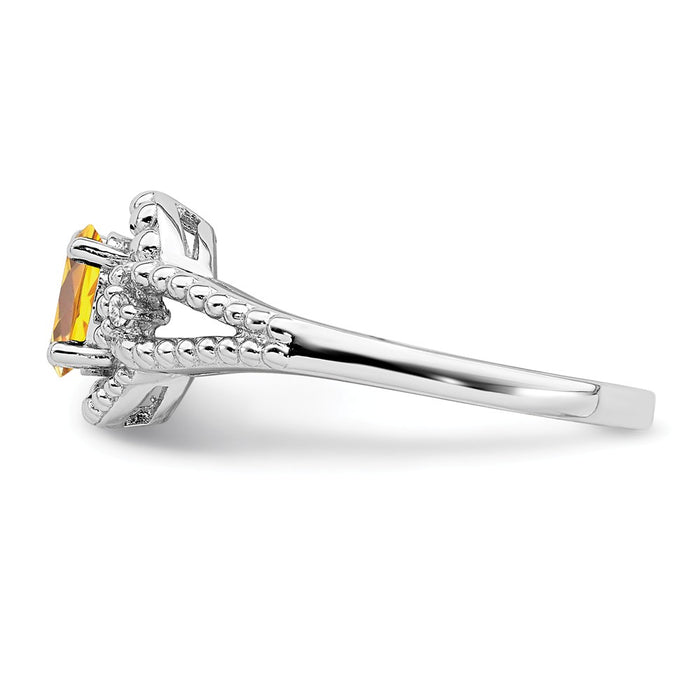 925 Sterling Silver Rhodium-plated Citrine & Diamond Ring, Size: 7