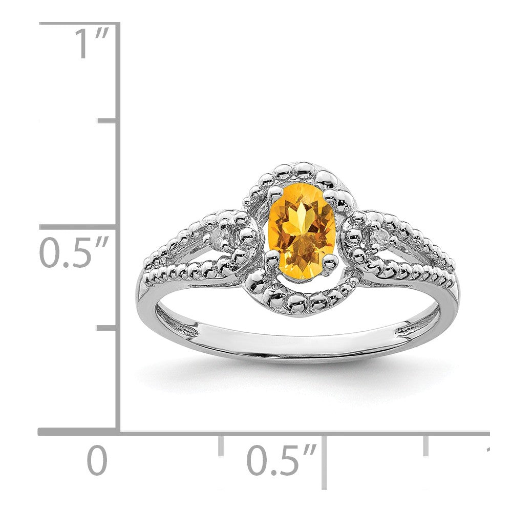 925 Sterling Silver Rhodium-plated Citrine & Diamond Ring, Size: 6