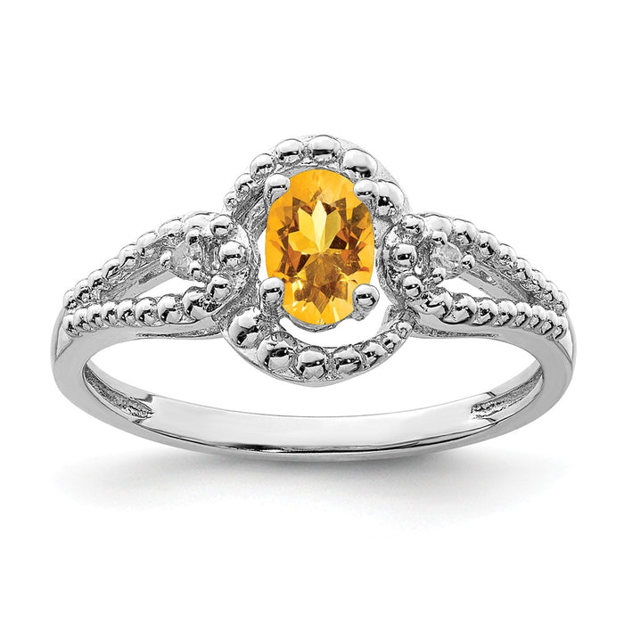925 Sterling Silver Rhodium-plated Citrine & Diamond Ring, Size: 7