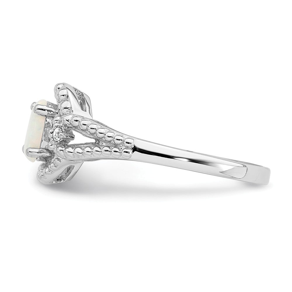 925 Sterling Silver Rhodium-plated Created Opal & Diamond Ring, Size: 9