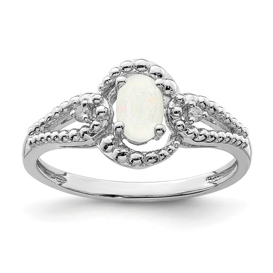 925 Sterling Silver Rhodium-plated Created Opal & Diamond Ring, Size: 9