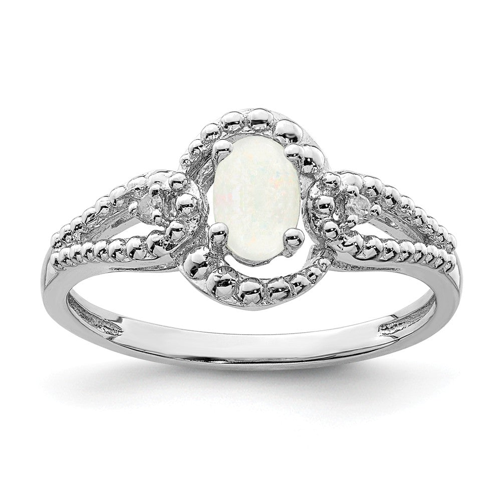 925 Sterling Silver Rhodium-plated Created Opal & Diamond Ring, Size: 8