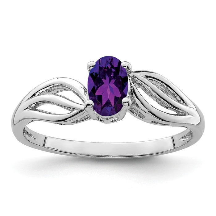 925 Sterling Silver Rhodium-plated Amethyst Ring, Size: 6