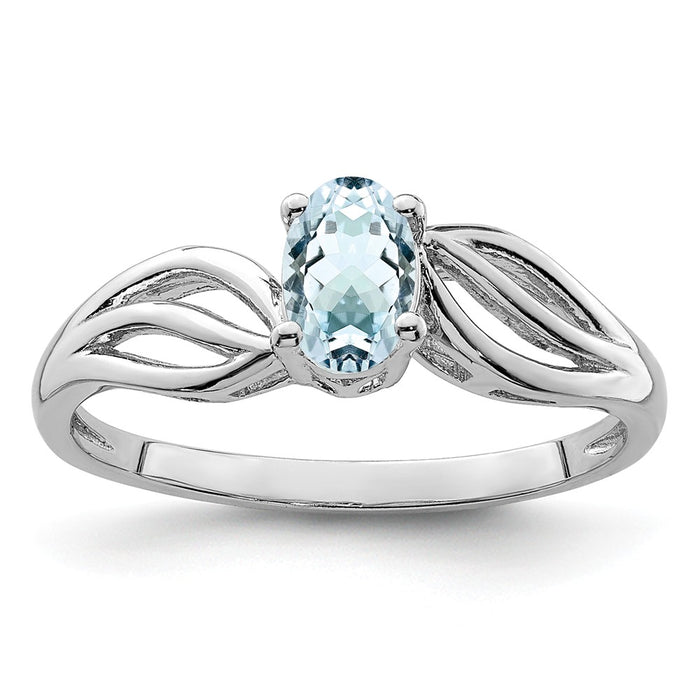 925 Sterling Silver Rhodium-plated Aquamarine Ring, Size: 6