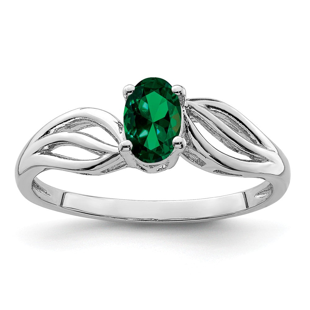 925 Sterling Silver Rhodium-plated Created Emerald Ring, Size: 9