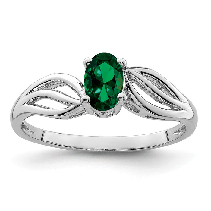 925 Sterling Silver Rhodium-plated Created Emerald Ring, Size: 5