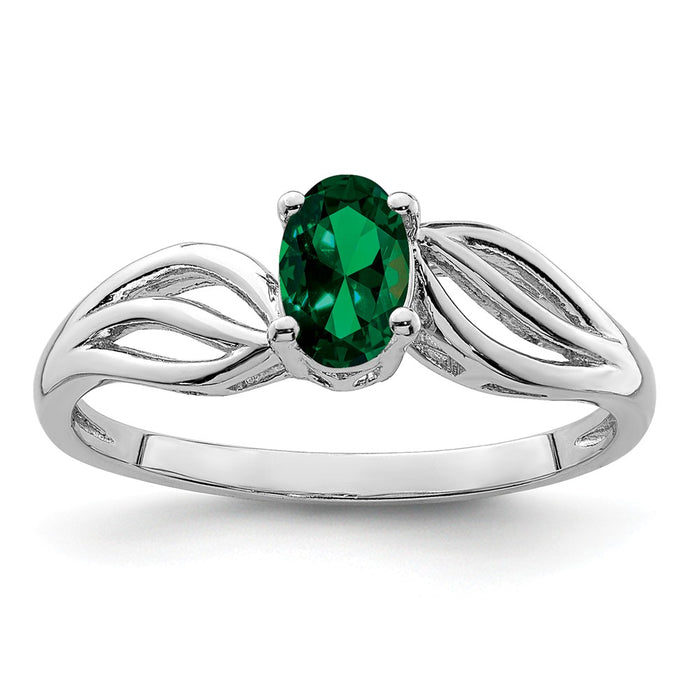 925 Sterling Silver Rhodium-plated Created Emerald Ring, Size: 8