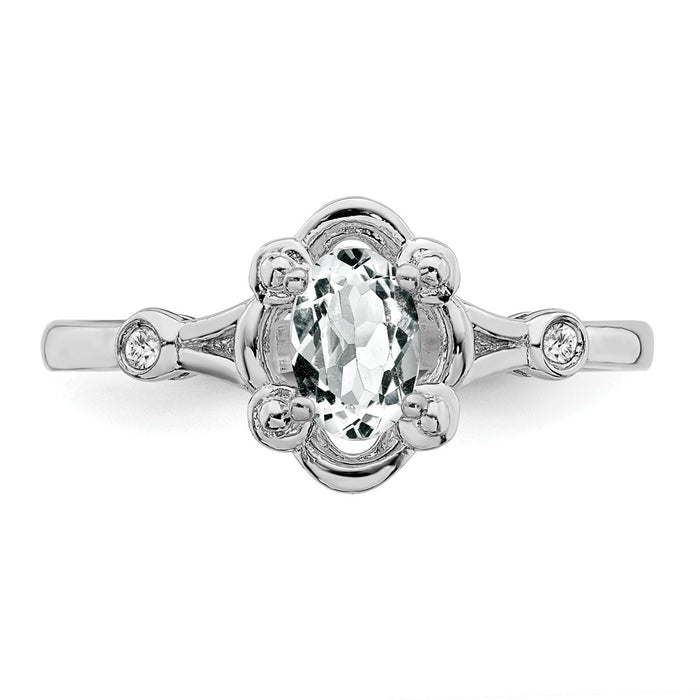 925 Sterling Silver Rhodium-plated White Topaz & Diamond Ring, Size: 6