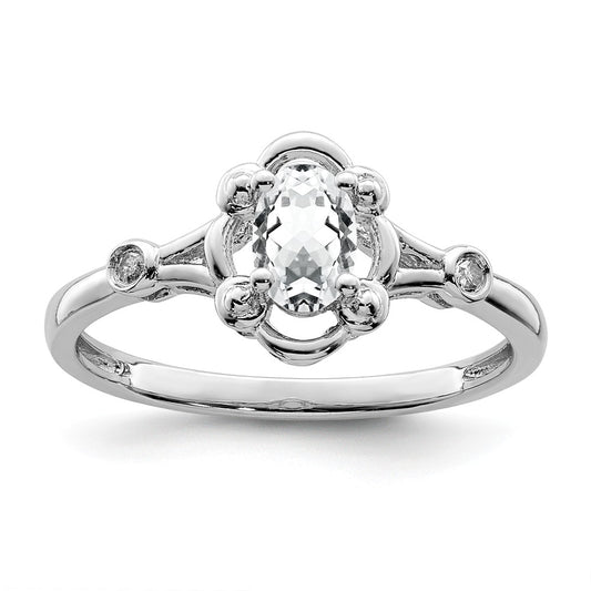 925 Sterling Silver Rhodium-plated White Topaz & Diamond Ring, Size: 6