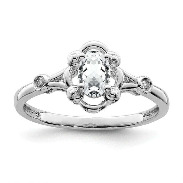 925 Sterling Silver Rhodium-plated White Topaz & Diamond Ring, Size: 6