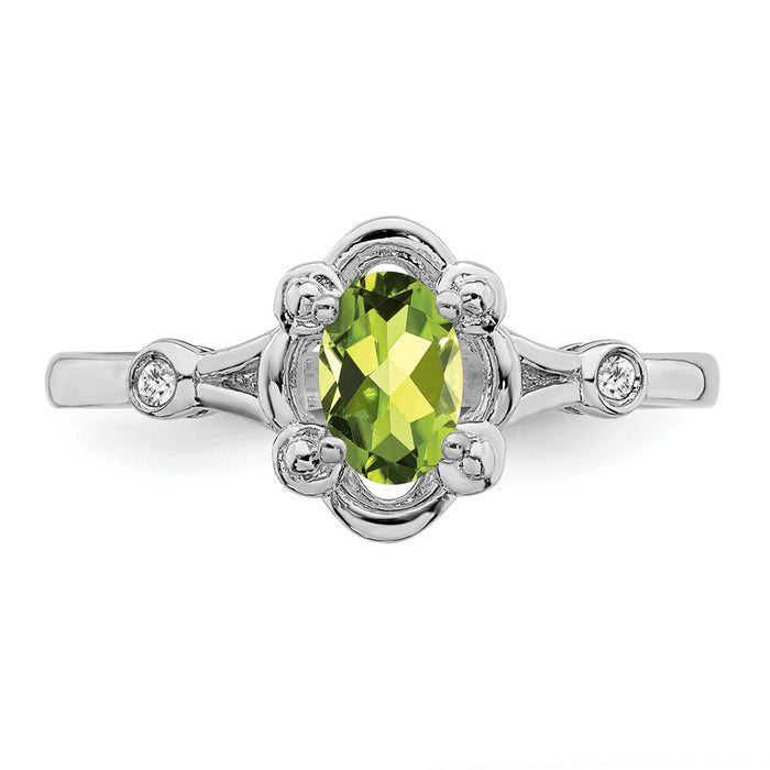 925 Sterling Silver Rhodium-plated Peridot & Diamond Ring, Size: 9