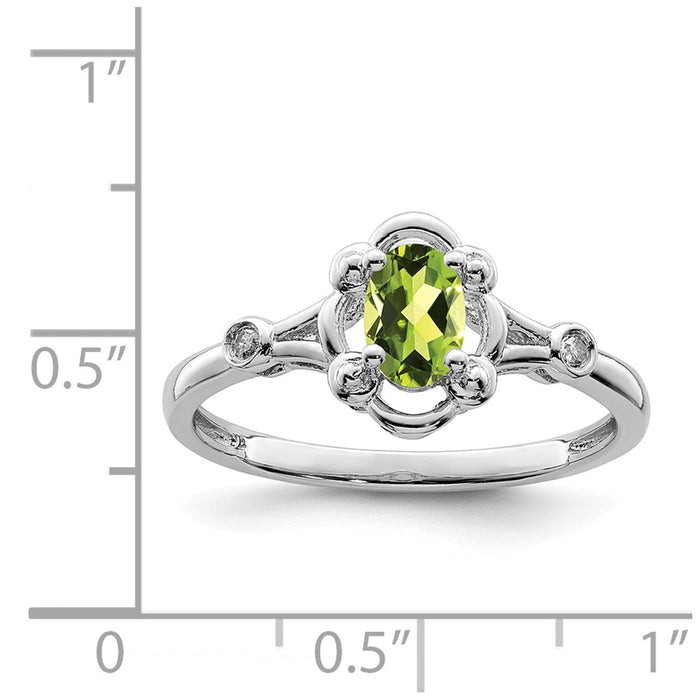 925 Sterling Silver Rhodium-plated Peridot & Diamond Ring, Size: 6