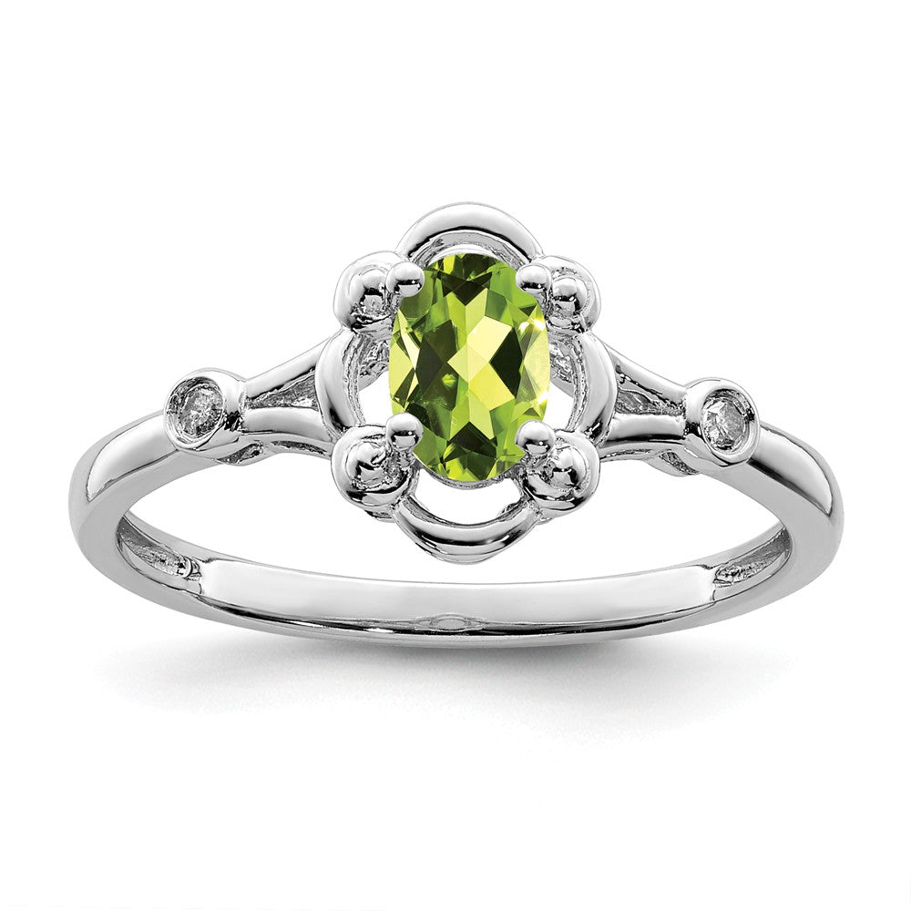 925 Sterling Silver Rhodium-plated Peridot & Diamond Ring, Size: 5