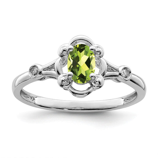925 Sterling Silver Rhodium-plated Peridot & Diamond Ring, Size: 6