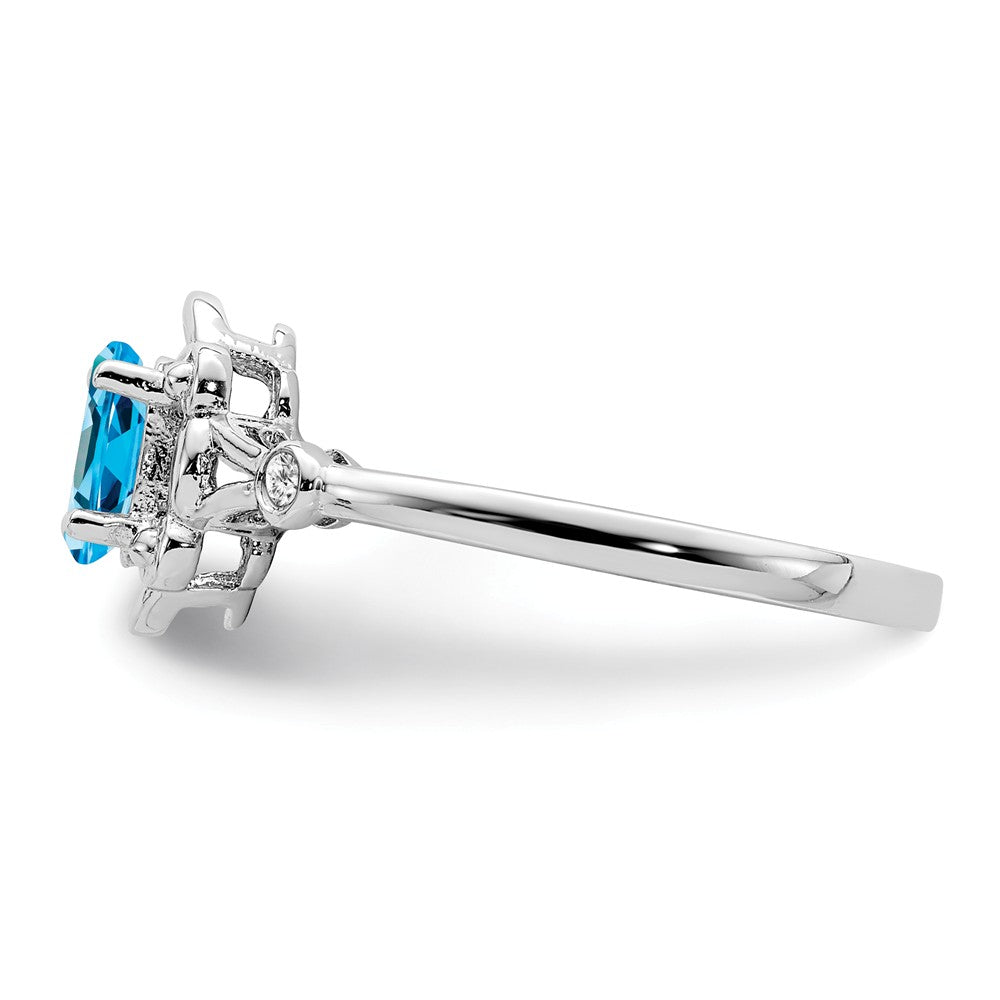 925 Sterling Silver Rhodium-plated Light Swiss Blue Topaz & Diamond Ring, Size: 5