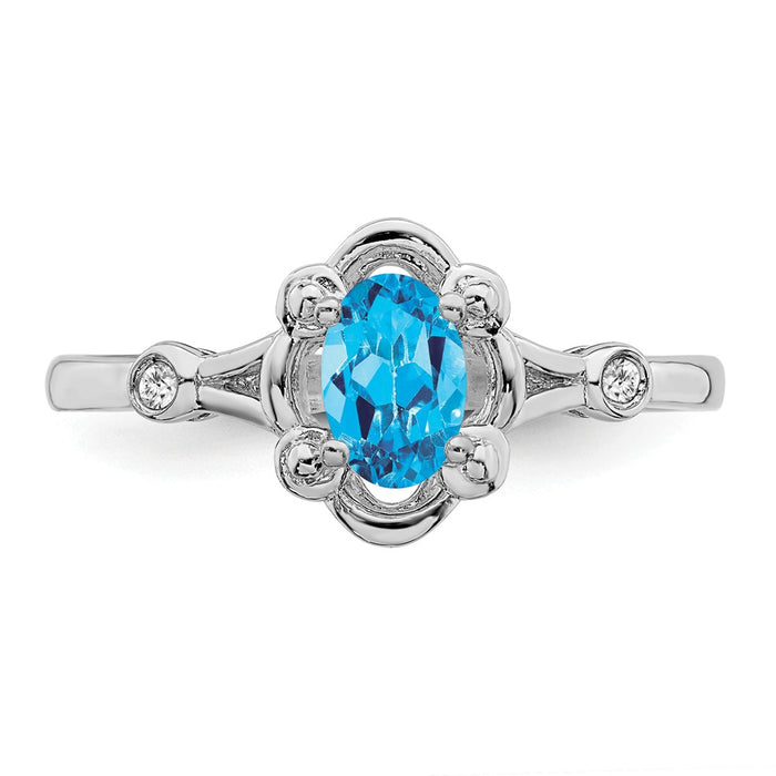 925 Sterling Silver Rhodium-plated Light Swiss Blue Topaz & Diamond Ring, Size: 5