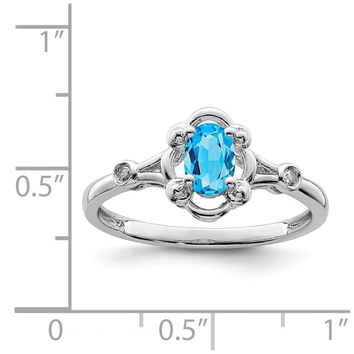 925 Sterling Silver Rhodium-plated Light Swiss Blue Topaz & Diamond Ring, Size: 9