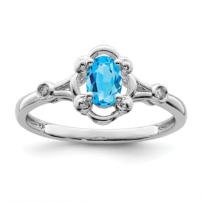 925 Sterling Silver Rhodium-plated Light Swiss Blue Topaz & Diamond Ring, Size: 9