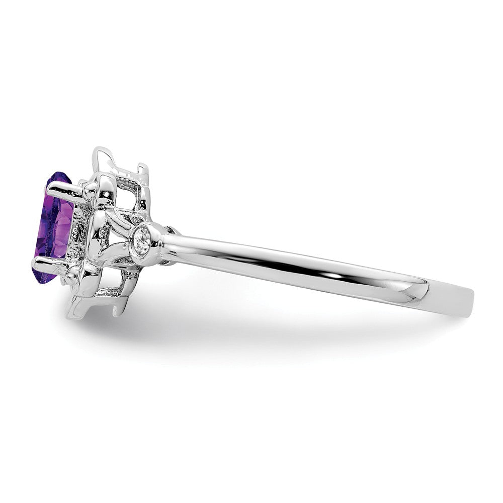 925 Sterling Silver Rhodium-plated Amethyst & Diamond Ring, Size: 7