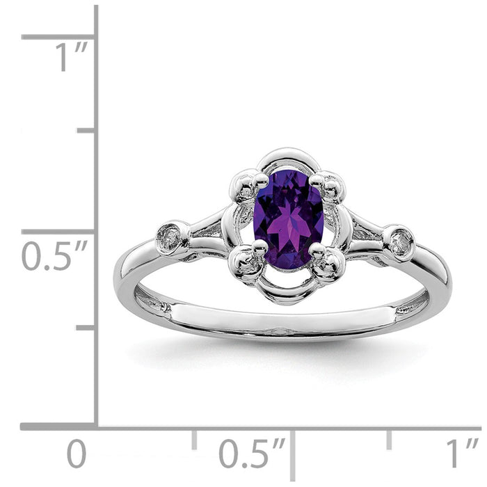925 Sterling Silver Rhodium-plated Amethyst & Diamond Ring, Size: 6