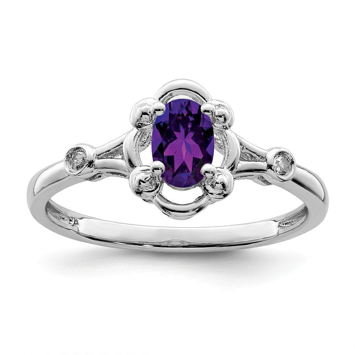 925 Sterling Silver Rhodium-plated Amethyst & Diamond Ring, Size: 7
